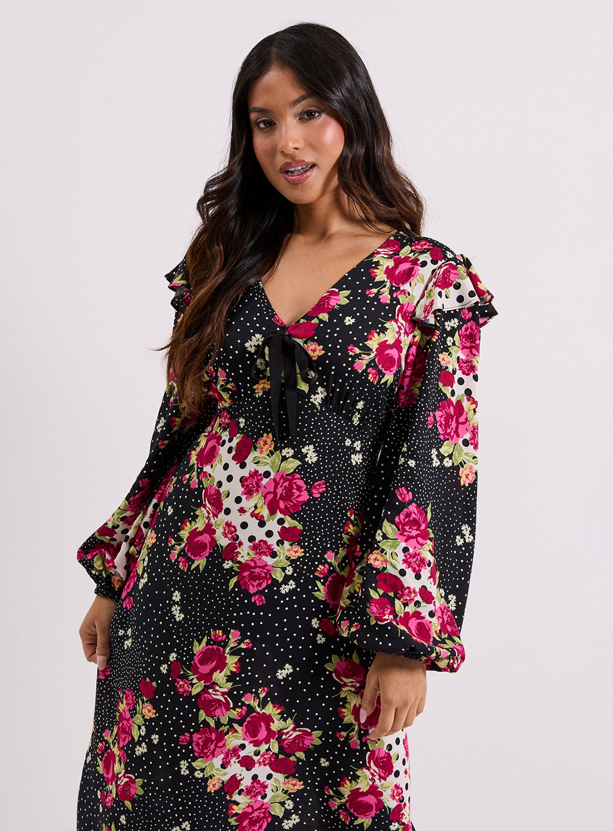 DOROTHY PERKINS Petite Patchwork Floral Contrast Bow Detail Frill Printed Midaxi Dress 6 - Image 2 thumbnail